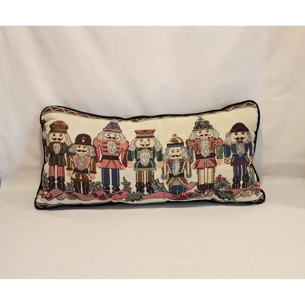 Nutcracker Tapestry Lumbar Pillow Green Velvet Back Christmas Holiday Decor